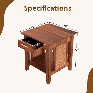 Rattan Nightstand End Table with Drawer and Lower Shelf Walnut