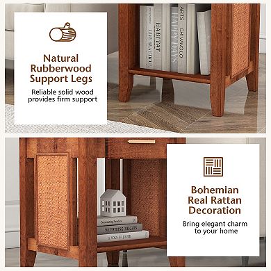 Rattan Nightstand End Table with Drawer and Lower Shelf Walnut
