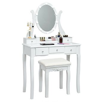 Vanity Table Set with 10 Dimmable Lights Mirror and Cushioned Stool-White