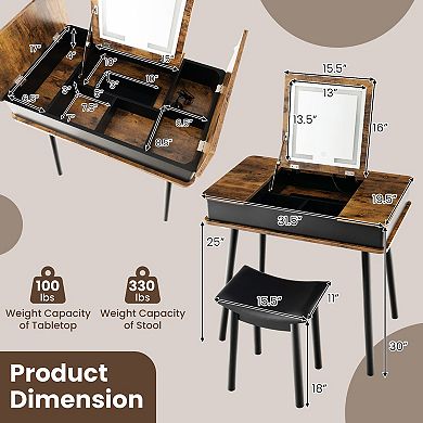 Vanity Desk Set with Flip Mirror LED Light USB Port and Padded Stool Brown