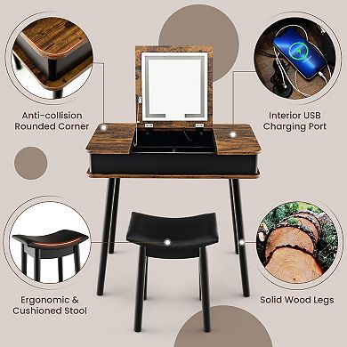 Vanity Desk Set with Flip Mirror LED Light USB Port and Padded Stool Brown