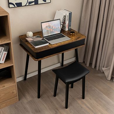 Vanity Desk Set with Flip Mirror LED Light USB Port and Padded Stool Brown