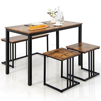 4 pc Industrial Dining Table Set with Bench and 2 Stools - Brown