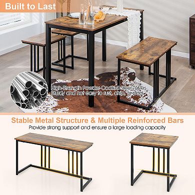 4-Piece Industrial Dining Table Set with Bench and 2 Stools - Brown
