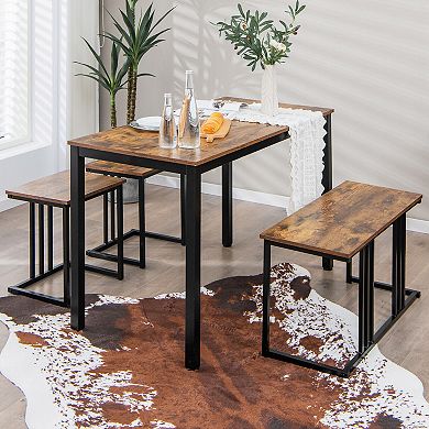 4-Piece Industrial Dining Table Set with Bench and 2 Stools - Brown