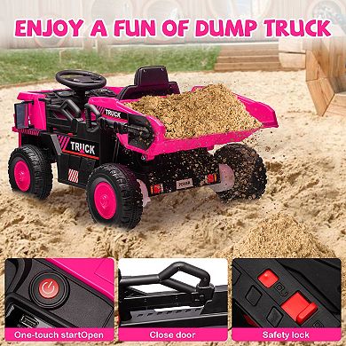 12V Ride-on Dump Truck with Remote Control, Electric Construction Car for Kids, Dump Bed, Shovel