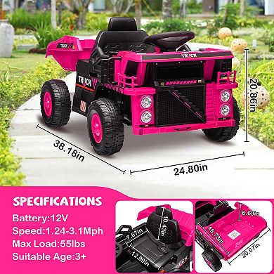 12V Ride-on Dump Truck with Remote Control, Electric Construction Car for Kids, Dump Bed, Shovel