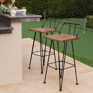 Outdoor Acacia Wood Barstool with Angled Metal Legs, Brown