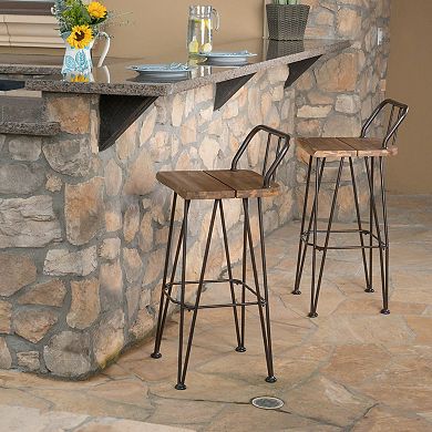 Outdoor Acacia Wood Barstool with Angled Metal Legs, Brown