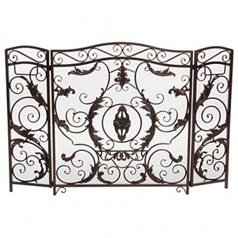 Waterbury Traditional Fireplace Screen with Gold Flower on Black Iron Frame, 53.50x36.50