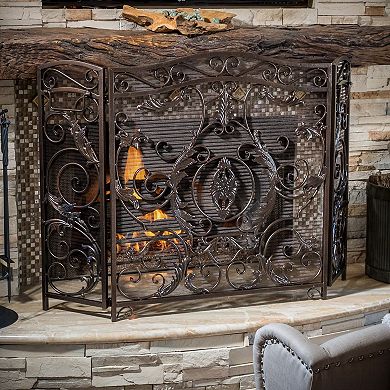 Waterbury Traditional Fireplace Screen with Gold Flower on Black Iron Frame, 53.50x36.50