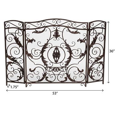 Waterbury Traditional Fireplace Screen with Gold Flower on Black Iron Frame, 53.50x36.50