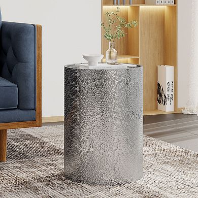 Modern Round Accent Table with Hammered Surface in Silver Iron Frame
