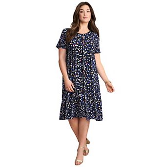Roaman's Women's Plus Size Stretch Knit Short Sleeve Swing Dress With Pockets