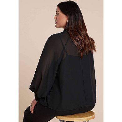 ELOQUII Women's Plus Size Sheer Neck Tie Blouse