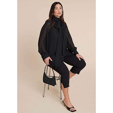 ELOQUII Women's Plus Size Sheer Neck Tie Blouse