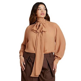 ELOQUII Women's Plus Size Sheer Neck Tie Blouse