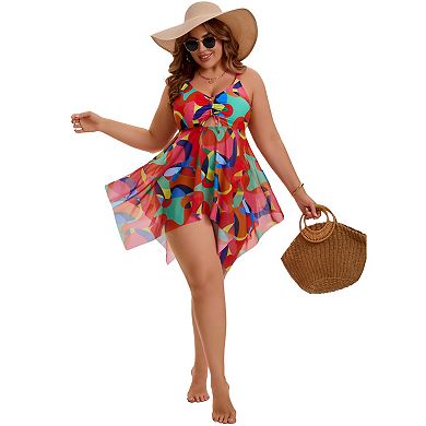 Women's Plus Size 2 Pcs Swimsuit Cutout Drawstring Mesh Sheer Flowy Tankini Top with Short