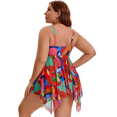 Women's Plus Size 2 Pcs Swimsuit Cutout Drawstring Mesh Sheer Flowy Tankini Top with Short