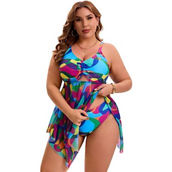 Women's Plus Size 2 pc Swimsuit Cutout Drawstring Mesh Sheer Flowy Tankini Top with Short