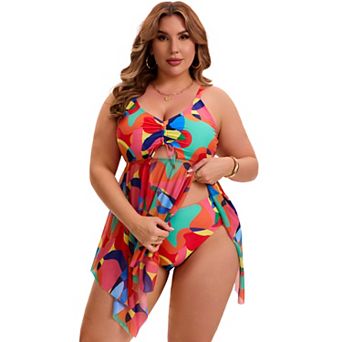 Women's Plus Size 2 pc Swimsuit Cutout Drawstring Mesh Sheer Flowy Tankini Top with Short