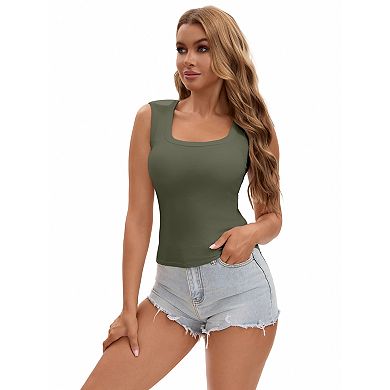 2 Packs Women's U-Neck Tank with Built-In Bras Ribbed Wide Straps Undershirt