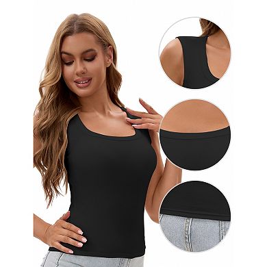 2 Packs Women's U-Neck Tank with Built-In Bras Ribbed Wide Straps Undershirt
