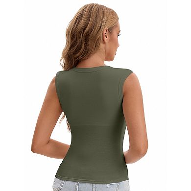 2 Packs Women's U-Neck Tank with Built-In Bras Ribbed Wide Straps Undershirt