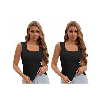 2 Packs Women's U-Neck Tank with Built-In Bras Ribbed Wide Straps Undershirt