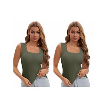 2 Packs Women's U-Neck Tank with Built-In Bras Ribbed Wide Straps Undershirt