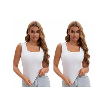 2 Packs Women's U-Neck Tank with Built-In Bras Ribbed Wide Straps Undershirt