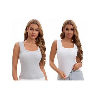 2 Packs Women's U-Neck Tank with Built-In Bras Ribbed Wide Straps Undershirt