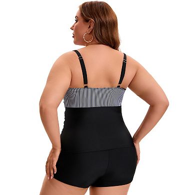 Women's Plus Size 2 Piece Swimsuit Ruched Tankini Board Shorts Tummy Control Bathing Suit Swimwear