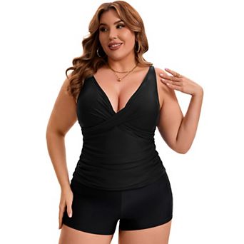 Women's Plus Size 2 pc Swimsuit Ruched Tankini Board Shorts Tummy Control Bathing Suit Swimwear