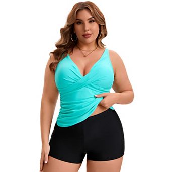 Women's Plus Size 2 pc Swimsuit Ruched Tankini Board Shorts Tummy Control Bathing Suit Swimwear