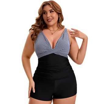 Women's Plus Size 2 pc Swimsuit Ruched Tankini Board Shorts Tummy Control Bathing Suit Swimwear