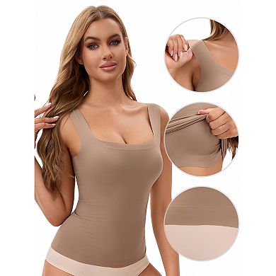 2 Packs Women's U Back Tanks with Built-In Bra Silky No Show Basic Tops