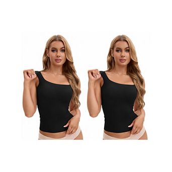 2 Packs Women's U Back Tanks with Built-In Bra Silky No Show Basic Tops