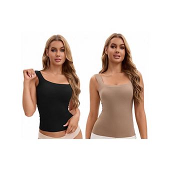 2 Packs Women's U Back Tanks with Built-In Bra Silky No Show Basic Tops