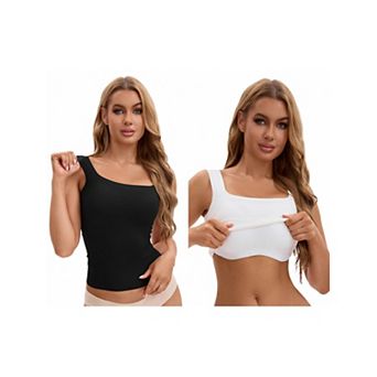 2 Packs Women's U Back Tanks with Built-In Bra Silky No Show Basic Tops
