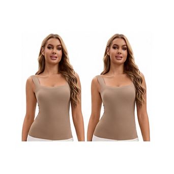2 Packs Women's U Back Tanks with Built-In Bra Silky No Show Basic Tops