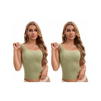 2 Packs Women's U Back Tanks with Built-In Bra Silky No Show Basic Tops