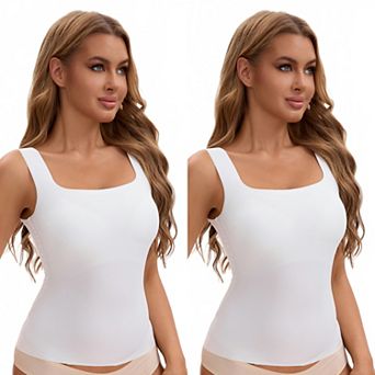2 Packs Women's U Back Tanks with Built-In Bra Silky No Show Basic Tops