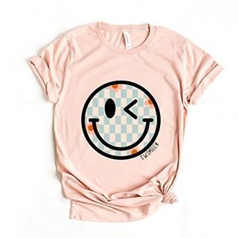 S.W.Smiley Checkered Smiley Face - Women's Short Sleeve Graphic T-Shirt