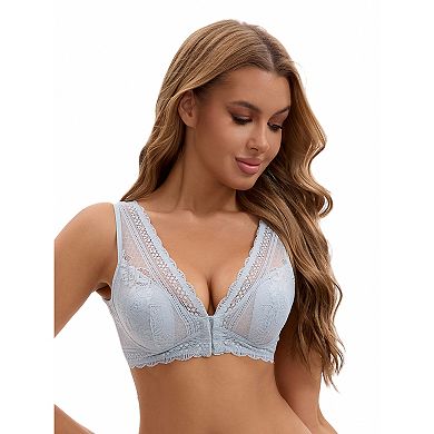 2 Packs Women's Deep V Neck Lace Sheer Front Closure Wirefree Tank Back Training Plunge Bras