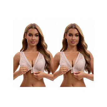 2 Packs Women's Deep V Neck Lace Sheer Front Closure Wirefree Tank Back Training Plunge Bras
