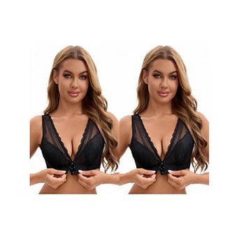 2 Packs Women's Deep V Neck Lace Sheer Front Closure Wirefree Tank Back Training Plunge Bras