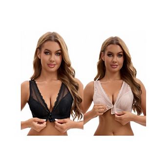 2 Packs Women's Deep V Neck Lace Sheer Front Closure Wirefree Tank Back Training Plunge Bras