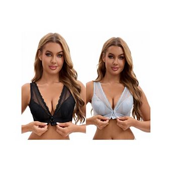 2 Packs Women's Deep V Neck Lace Sheer Front Closure Wirefree Tank Back Training Plunge Bras
