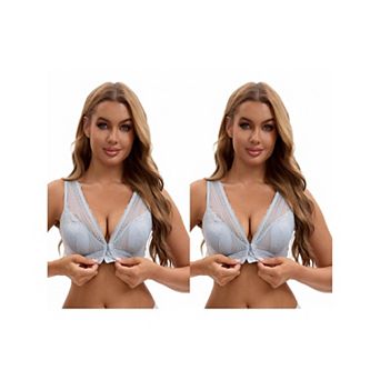 2 Packs Women's Deep V Neck Lace Sheer Front Closure Wirefree Tank Back Training Plunge Bras